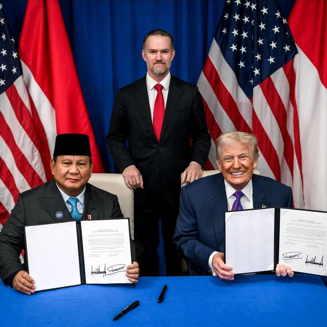 Indonesian President Prabowo Subianto and US President Donald Trump at the signing of a trade pact in Washington on Feb 19.