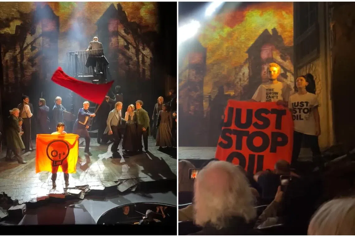 The protesters unfurled orange banners that read “Just Stop Oil” and “The Show Can’t Go On.” 