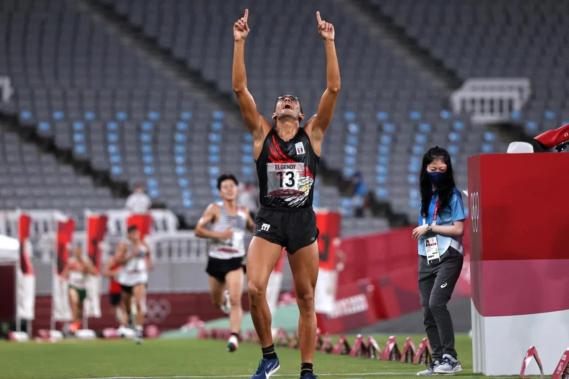 FILE PHOTO: Tokyo 2020 Olympics - Modern Pentathlon - Men's Laser-Run - Tokyo Stadium - Tokyo, Japan - August 7, 2021. Ahmed Elgendy of Egypt celebrates after winning silver REUTERS/Carlos Barria/File Photo