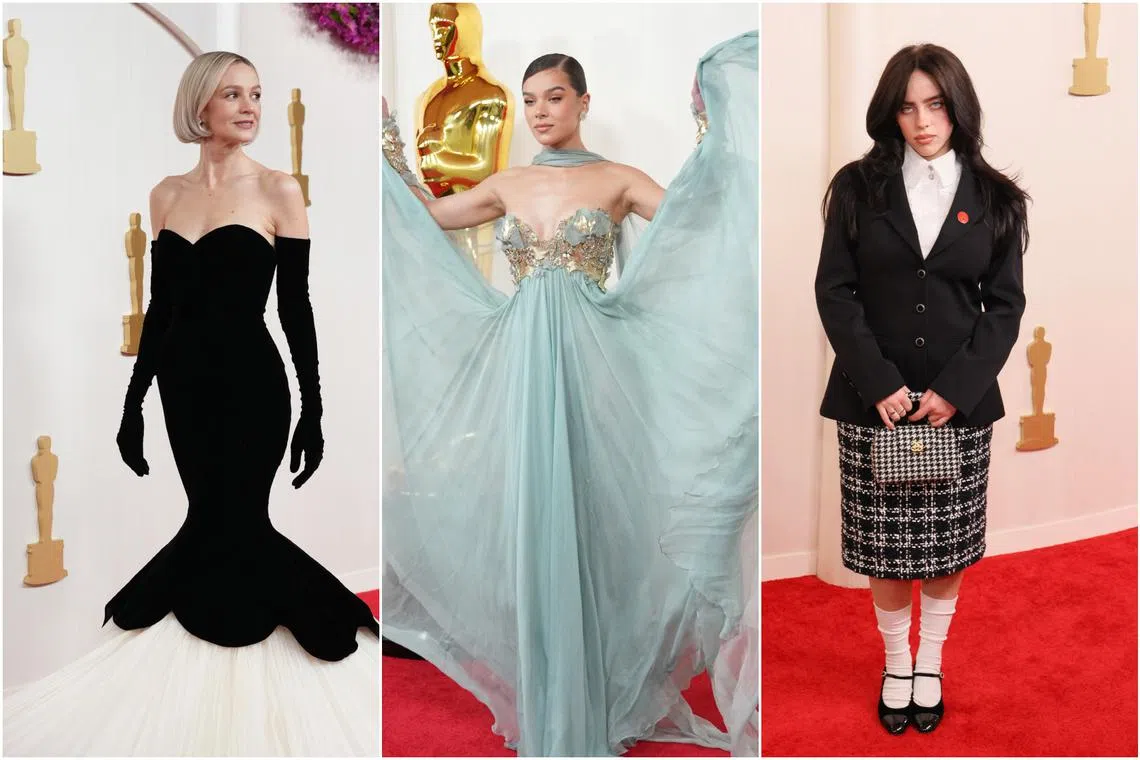 (From left) English actress Carey Mulligan, American actress Hailee Steinfeld and American singer Billie Eilish at the 96th Academy Awards. 