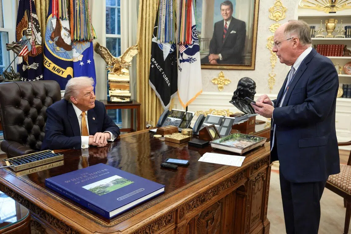 US President Donald Trump is interviewed by Reuters White House correspondent Steve Holland during an exclusive interview in the Oval Office on Jan 14, 2026.