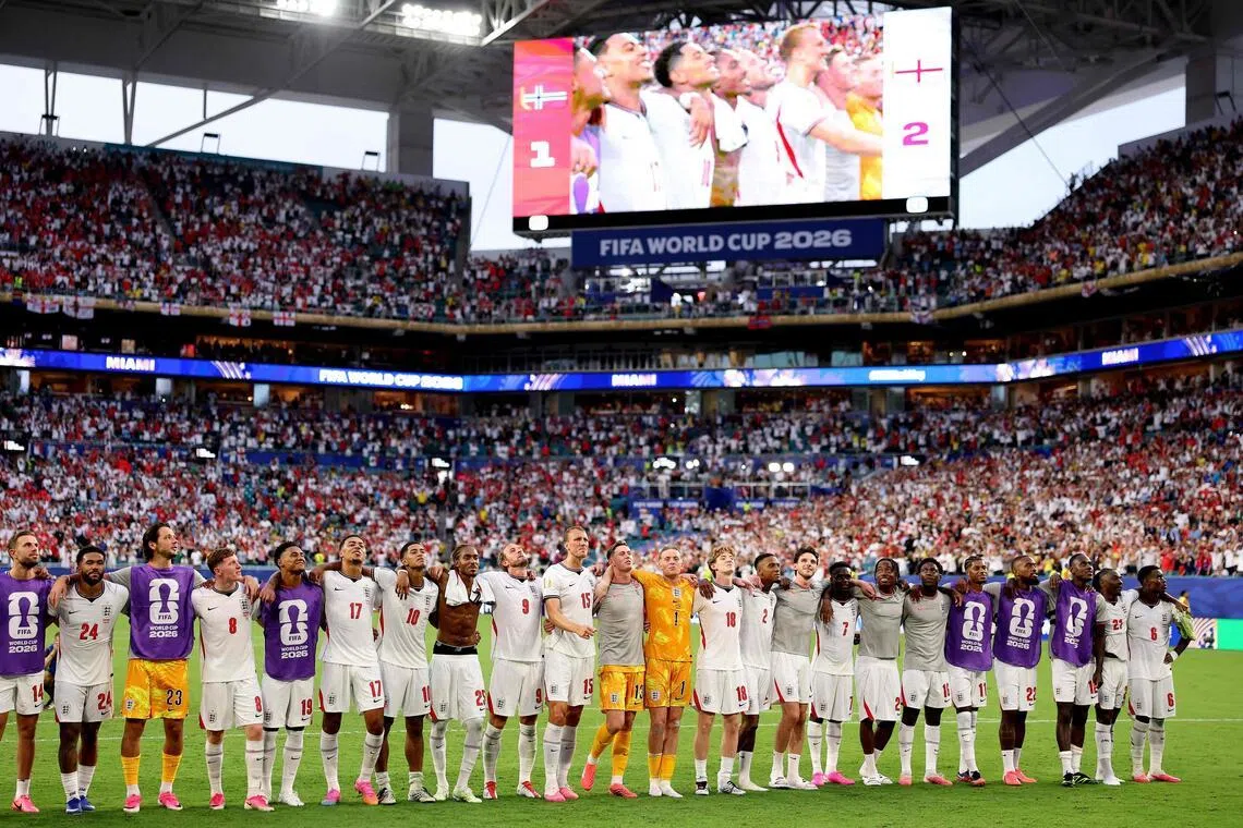 England players applaud fans after the 2-1 victory during the FIFA World Cup 2026 Quarter Final match between Norway and England at Miami Stadium on July 11.