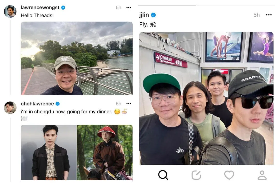(Clockwise from top left) Deputy Prime Minister Lawrence Wong, Mandopop superstar JJ Lin and actor Lawrence Wong are among the early adopters of Threads.