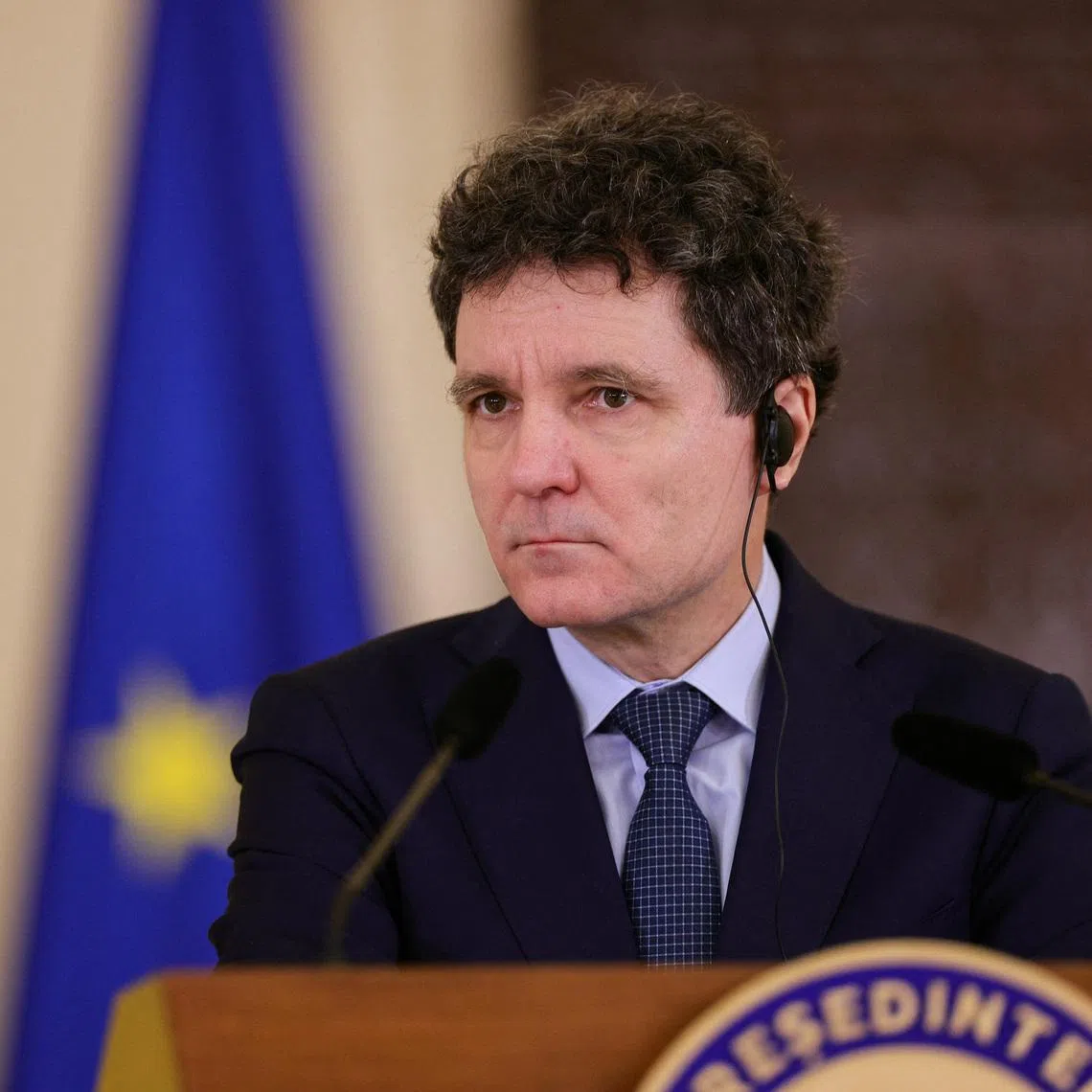 Romanian President Nicusor Dan attends a press conference in Bucharest, Romania, March 12, 2026. Inquam Photos/Octav Ganea via REUTERS