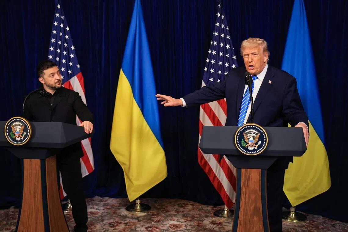 US President Donald Trump with Ukranian President Volodymyr Zelensky during a press conference in Florida in December 2025.