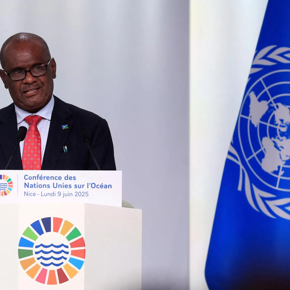 FILE PHOTO: Solomon Islands Prime Minister Jeremiah Manele delivers a speech during a plenary session at the third United Nations Ocean Conference (UNOC3), which gathers leaders, researchers and activists to discuss how to protect marine life, at the Centre des Expositions conference centre in Nice, France, June 9, 2025. REUTERS/Manon Cruz/File Photo