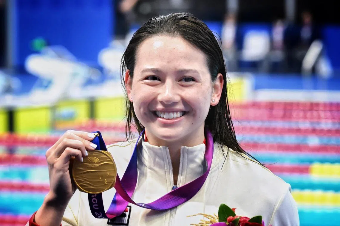 ST photo: Chong Jun Liang

Siobhan Bernadette Haughey from Hong Kong poses with her gold medal after winning the Women’s 200m freestyle at the 19th Asian Games 2022 Hangzhou on September 25, 2023 

****
Generic chit for the 19th Asian Games held in Hangzhou, China, on Sept 25, 2023.
