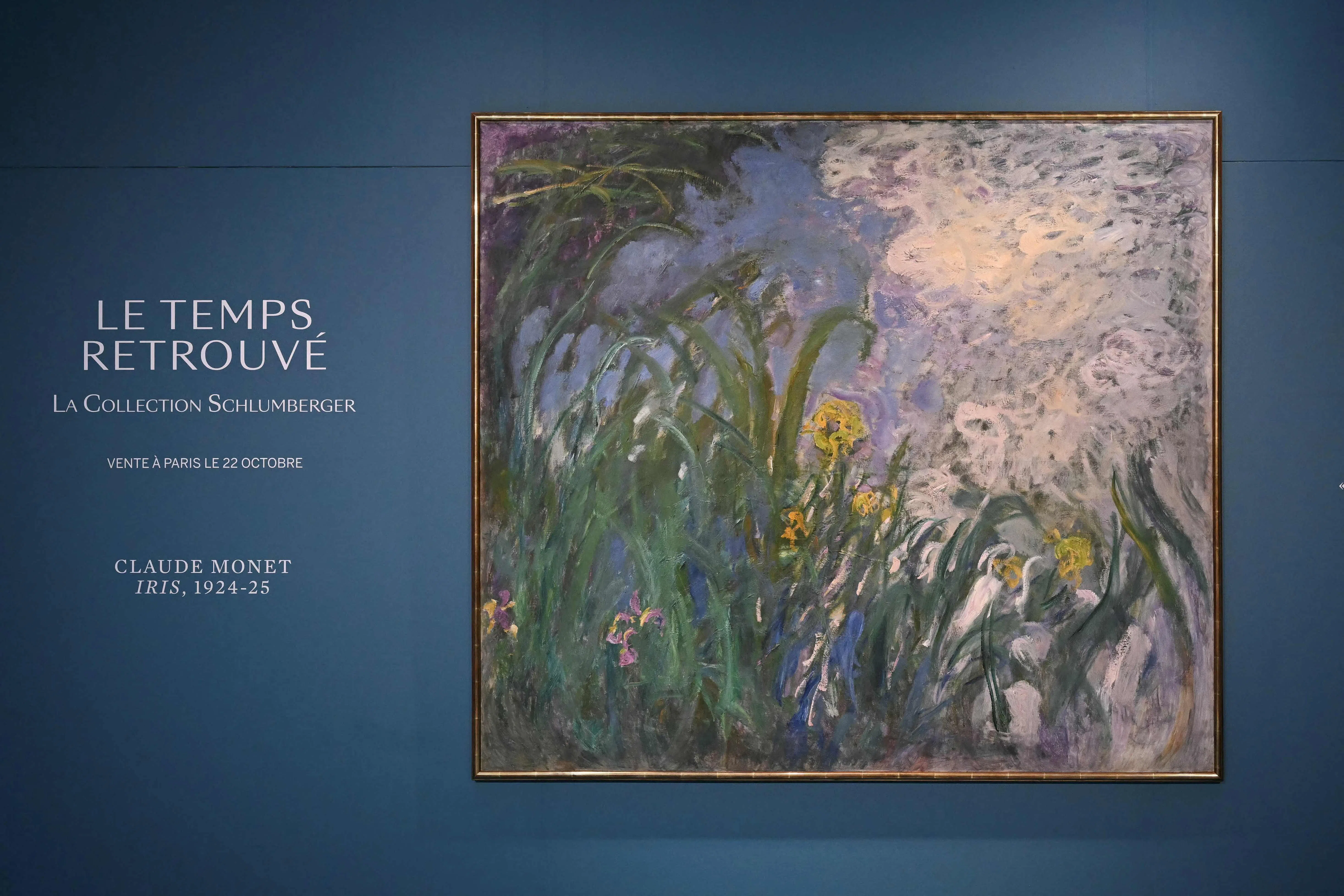 (FILES) This photograph shows French painter Claude Monet's "Iris", 1924–1925, during a preview of 28 Impressionist works of the Schlumberger Collection unveiled ahead of the October 22, 2026, sale at Sotheby's auction house in Paris on September 17, 2026. It is the most expensive work of art ever sold at auction in France: "Iris", a monumental painting by Claude Monet from the end of his life, was sold for 50 million euros (including fees) on October 22, 2026, in Paris. The Sotheby's auction room held its breath for nearly 45 minutes as bidders battled it out over the telephone. This painting by the master of Impressionism was on public display for the first time as part of the sale of the Schlumberger family’s collection. (Photo by LOU BENOIST / AFP) / RESTRICTED TO EDITORIAL USE - MANDATORY MENTION OF THE ARTIST UPON PUBLICATION - TO ILLUSTRATE THE EVENT AS SPECIFIED IN THE CAPTION