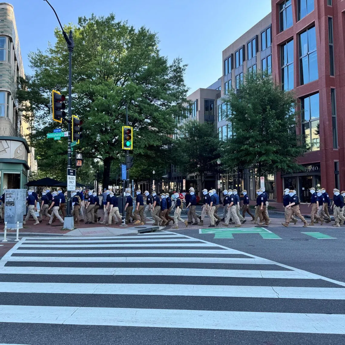 Members from the Patriot Front march on the 250th anniversary of U.S. independence in Washington, D.C., U.S., July 4, 2026, in this image obtained by Reuters. Handout via REUTERS THIS IMAGE HAS BEEN SUPPLIED BY A THIRD PARTY NO RESALES. NO ARCHIVES.