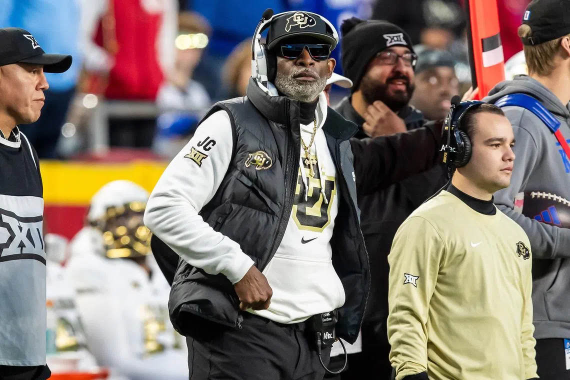 Nov 23, 2024; Kansas City, Missouri, USA;  Colorado head coach Deion Sanders watches the run of play during the 3rd quarter between the Kansas Jayhawks and the Colorado Buffaloes at GEHA Field at Arrowhead Stadium. Mandatory Credit: Nick Tre. Smith-Imagn Images/ File Photo