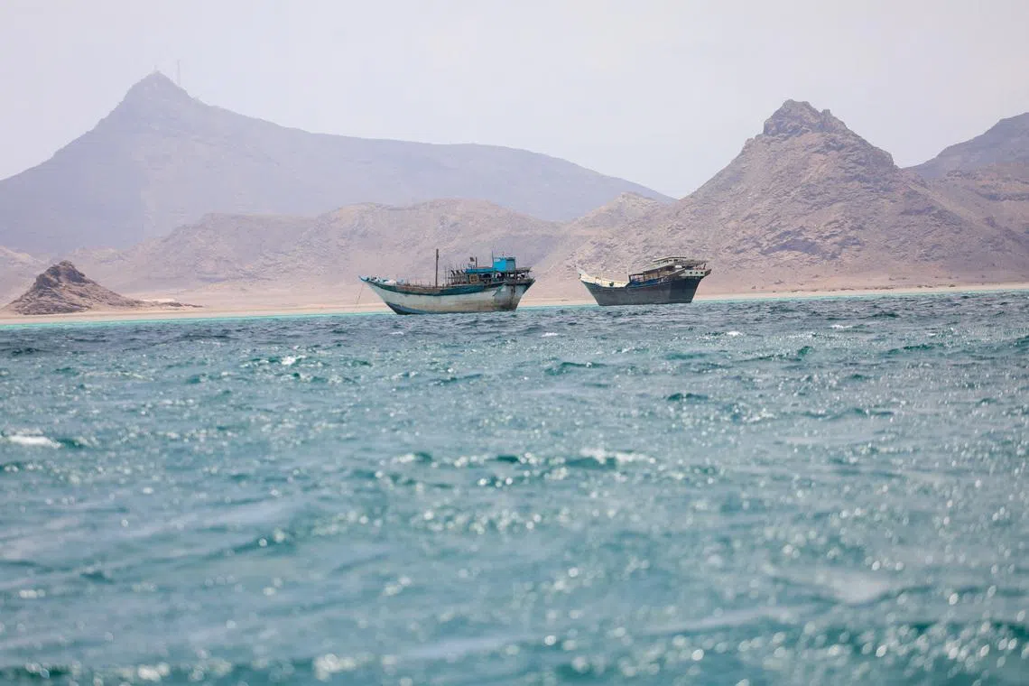 FILE PHOTO: Boats float near the coast of Bab el-Mandeb, Yemen April 2, 2026. REUTERS/File Photo