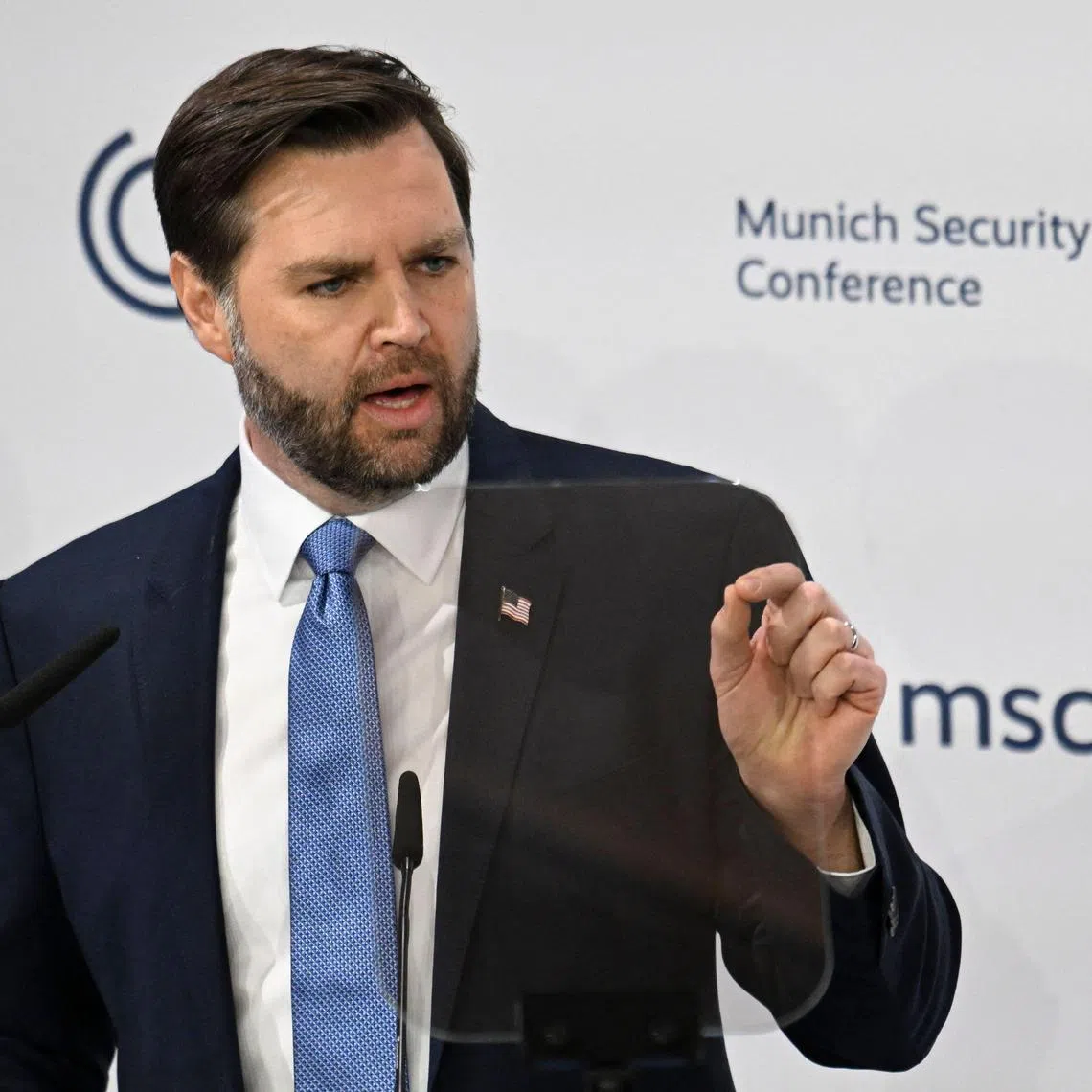 US Vice President JD Vance delivers his speech during the 61st Munich Security Conference (MSC) in Munich, southern Germany on February 14, 2025. (Photo by THOMAS KIENZLE / AFP)