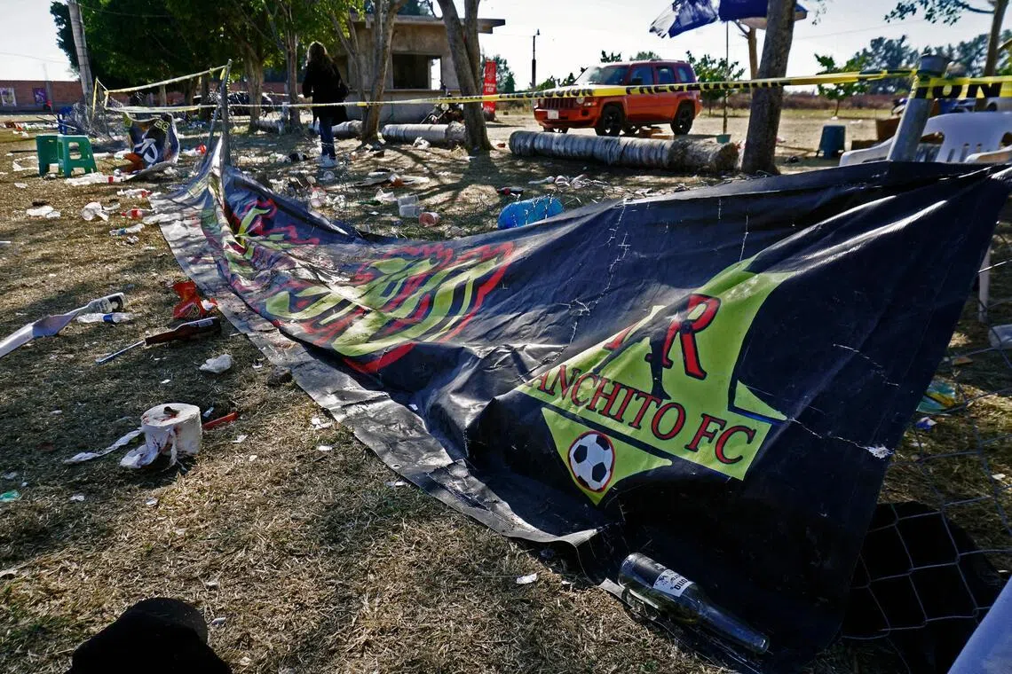 View of damages at the football field in Salamanca, Guanajuato state, on Jan 26, 2026, where at least 11 people were killed and 12 more wounded during an attack on the eve.