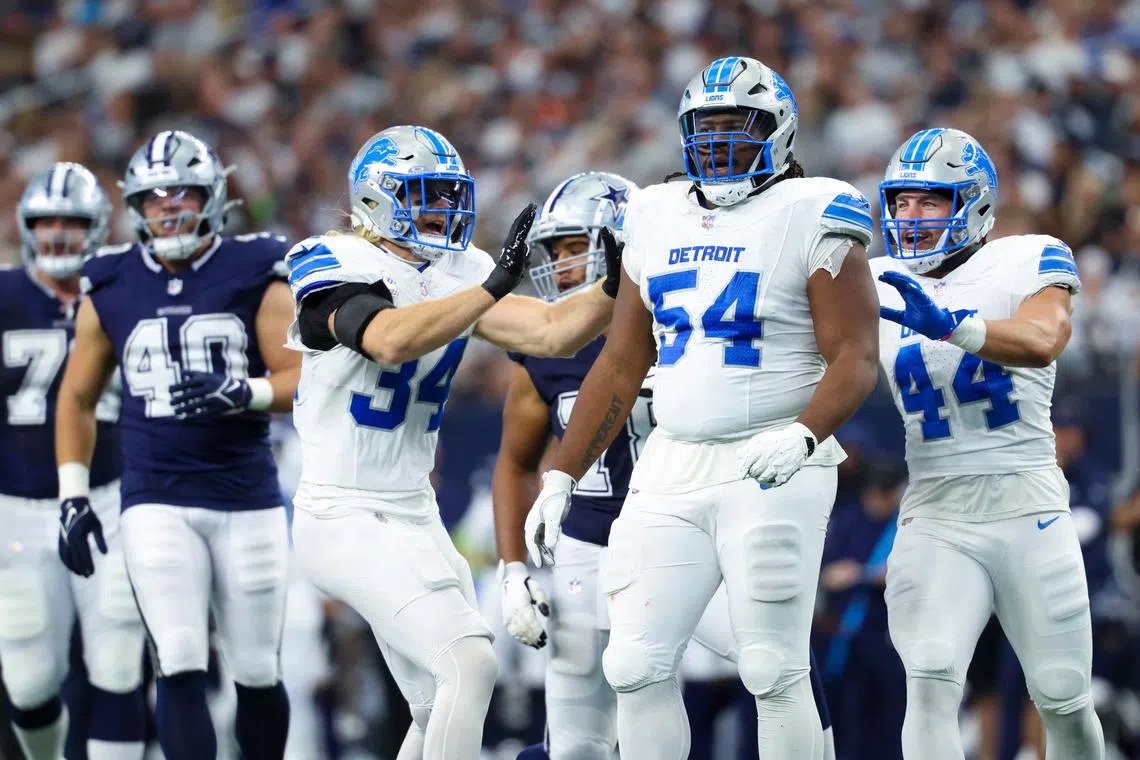 FILE PHOTO: Oct 13, 2024; Arlington, Texas, USA;  Detroit Lions defensive tackle Alim McNeill (54) reacts  during the second quarter against the Dallas Cowboys at AT&T Stadium. Mandatory Credit: Kevin Jairaj-Imagn Images/File Photo