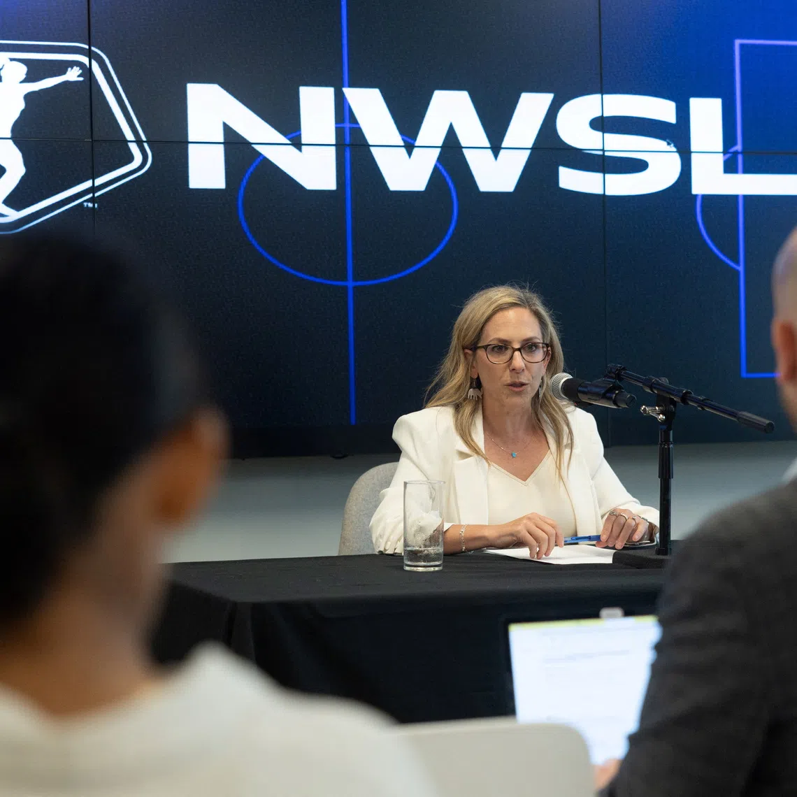 The National Women's Soccer League commissioner Jessica Berman speaks at a press conference in the NWSL headquarters in New York, U.S., August 5, 2026. REUTERS/Jordan Tovin