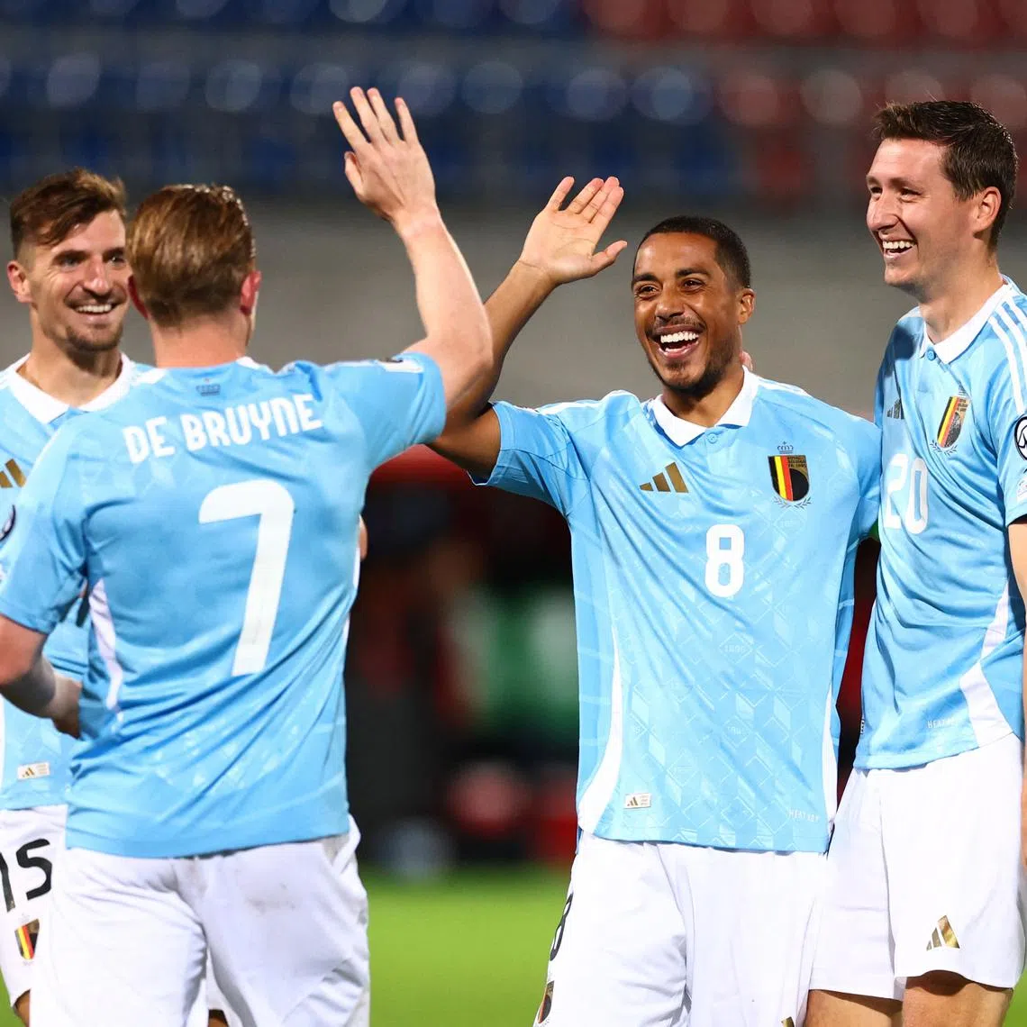Soccer Football - World Cup - UEFA Qualifiers - Group J - Liechtenstein v Belgium - Rheinpark Stadion, Vaduz, Liechtenstein - September 4, 2025 Belgium's Youri Tielemans celebrates scoring their second goal with Kevin De Bruyne REUTERS/Denis Balibouse