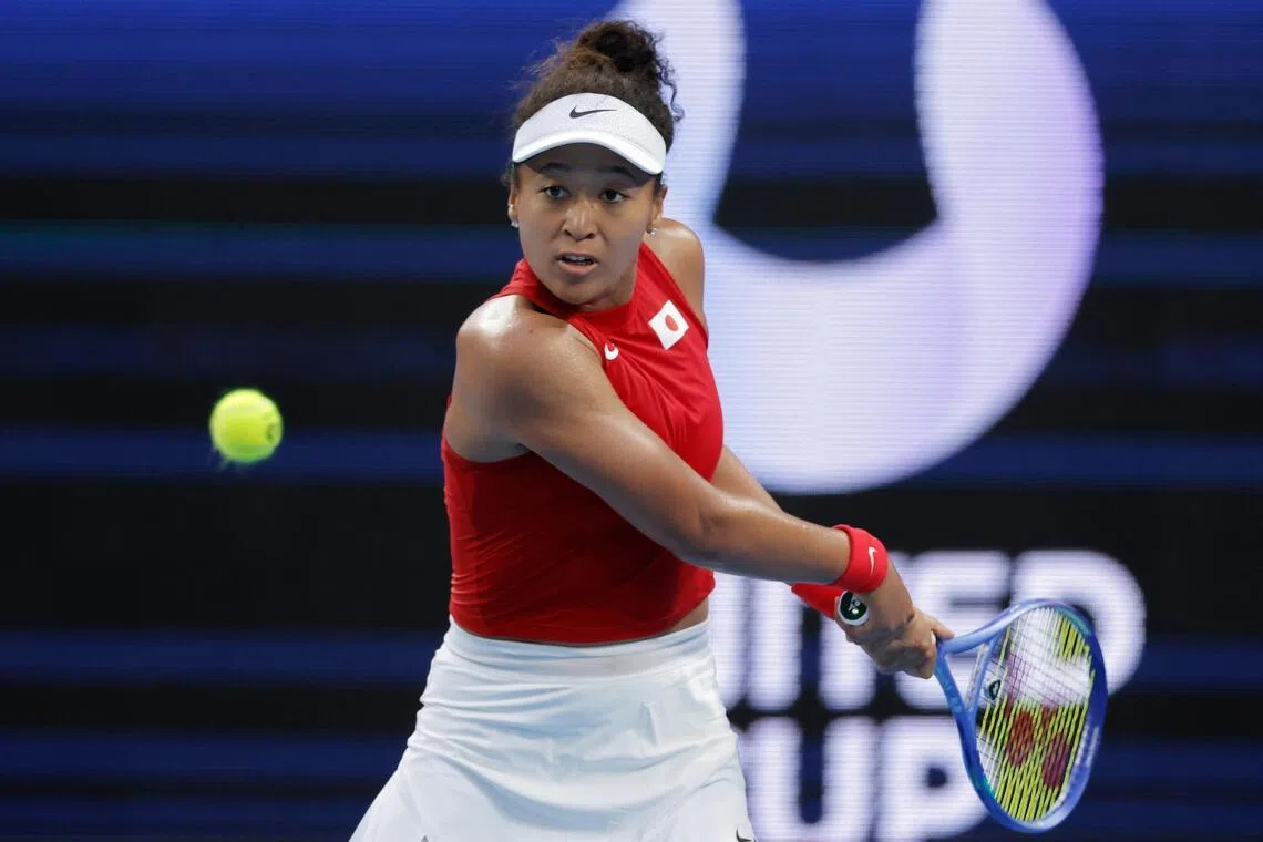 Naomi Osaka of Japan in action against Maria Sakkari of Greece during their United Cup match in Perth.