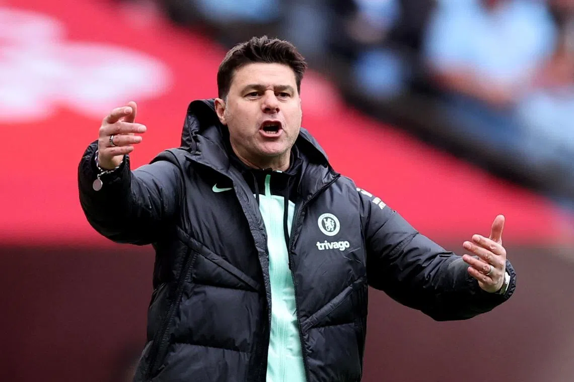 Soccer Football - FA Cup - Semi Final - Manchester City v Chelsea - Wembley Stadium, London, Britain - April 20, 2024  Chelsea manager Mauricio Pochettino reacts REUTERS/David Klein