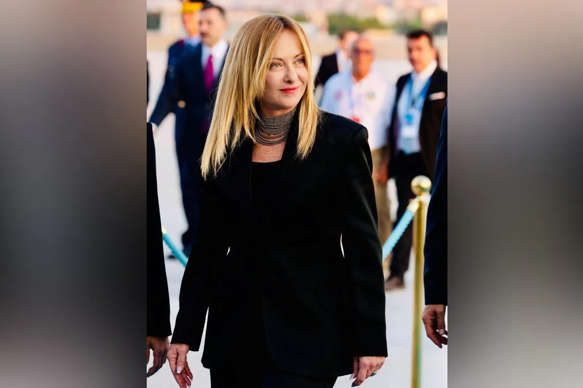 Italian Prime Minister Giorgia Meloni arriving at Ankara Airport ahead of the NATO leaders’ summit in Turkey on July 7.