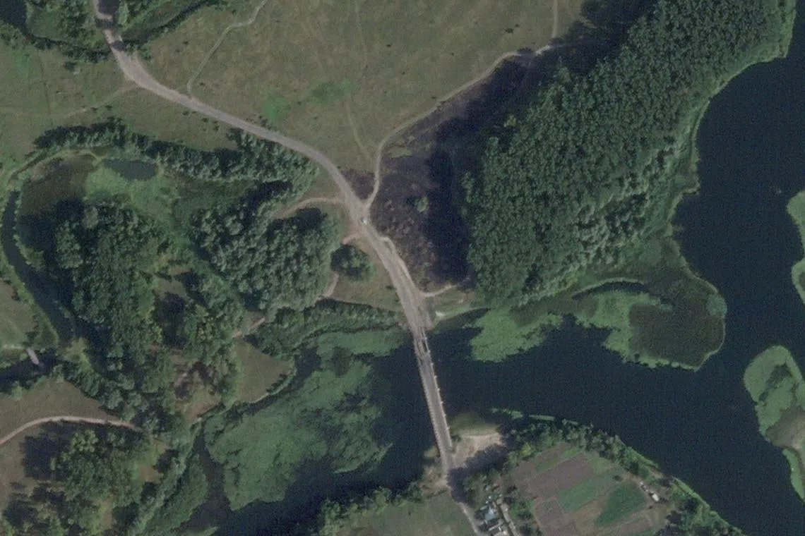 FILE PHOTO: A satellite image shows a damaged bridge in Zvannoe, Kursk Region, Russia, August 26, 2024. Planet Labs Inc. via REUTERS/File Photo