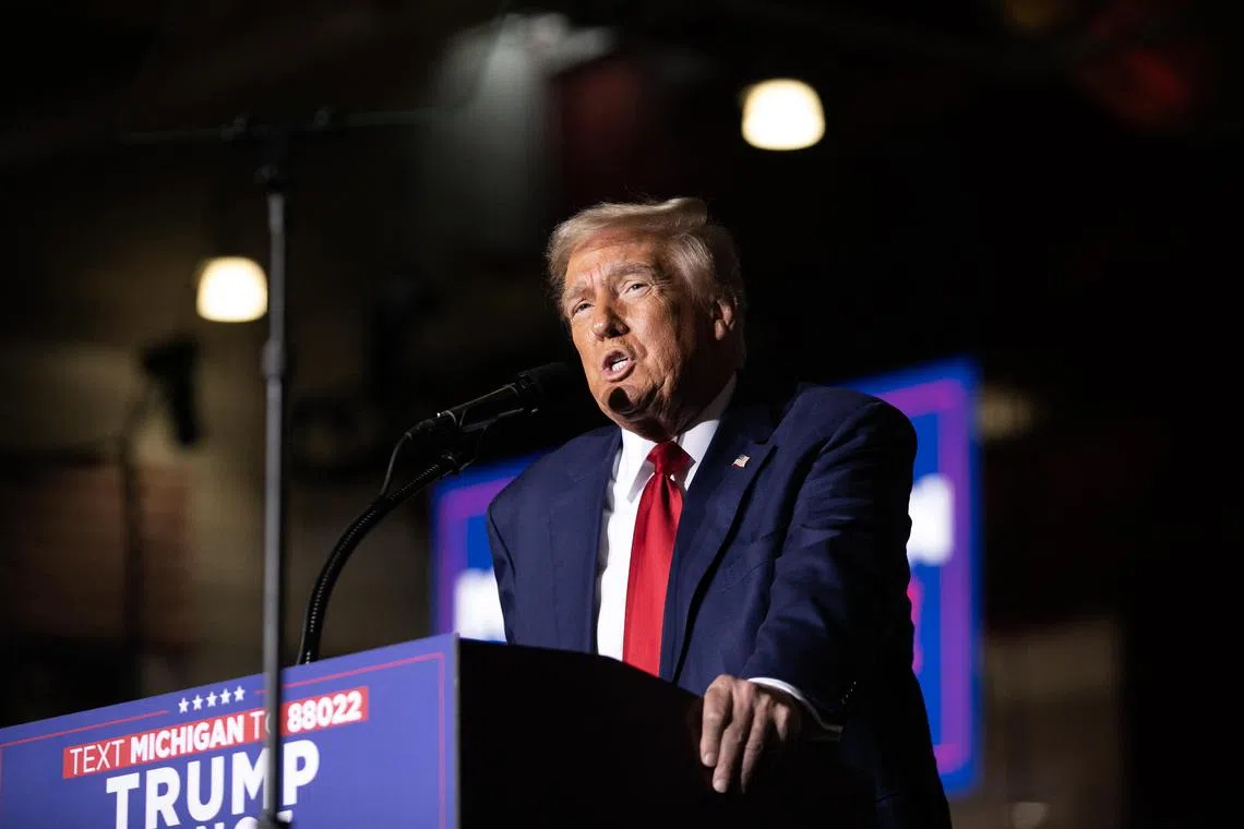 Republican presidential candidate Donald Trump speaks during a campaign rally at Saginaw Valley State University on Oct. 3, 2024. 
