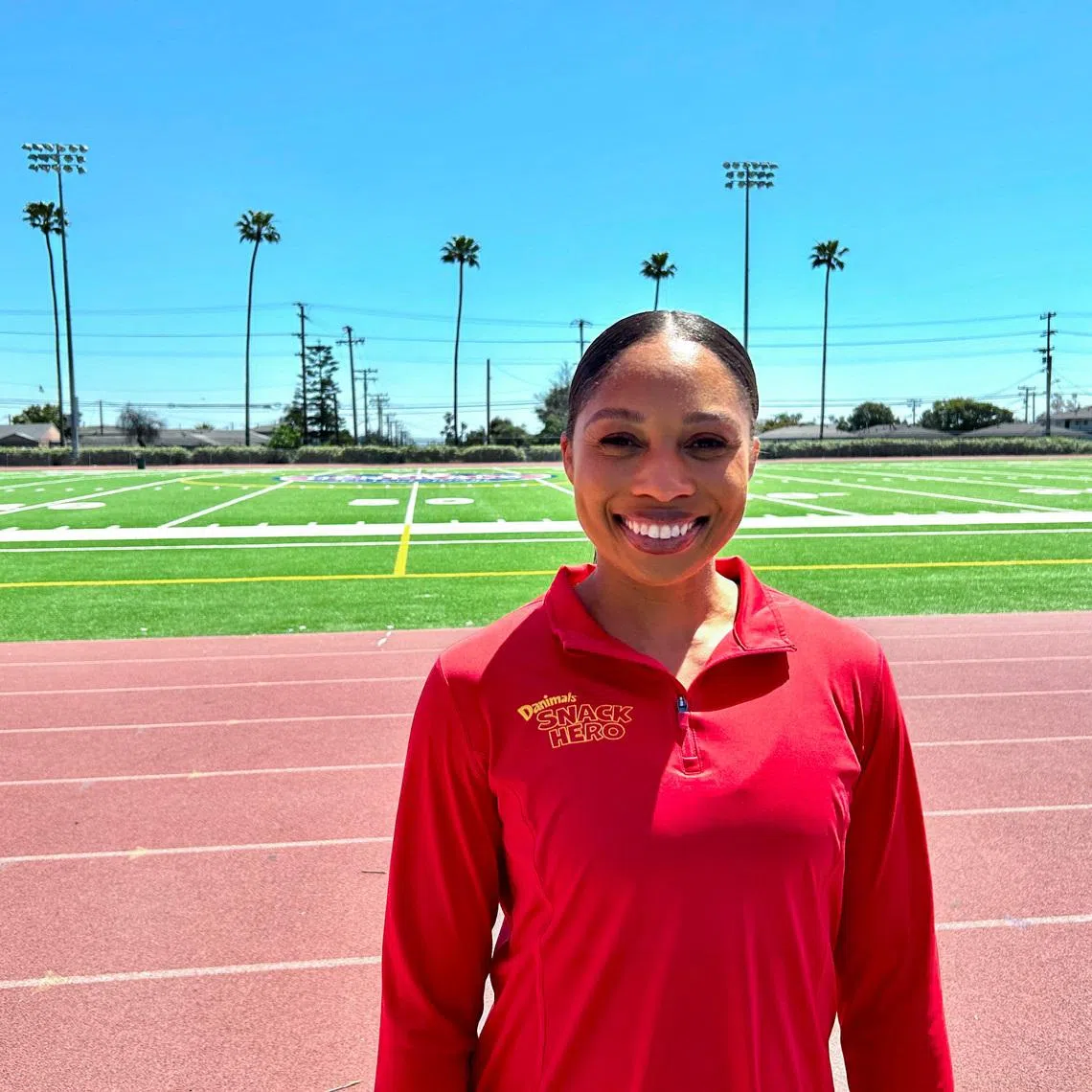 American Olympic champion Allyson Felix poses for a photo after a youth track and field event in Los Angeles, California, U.S., April 19, 2025. REUTERS/Rory Carroll