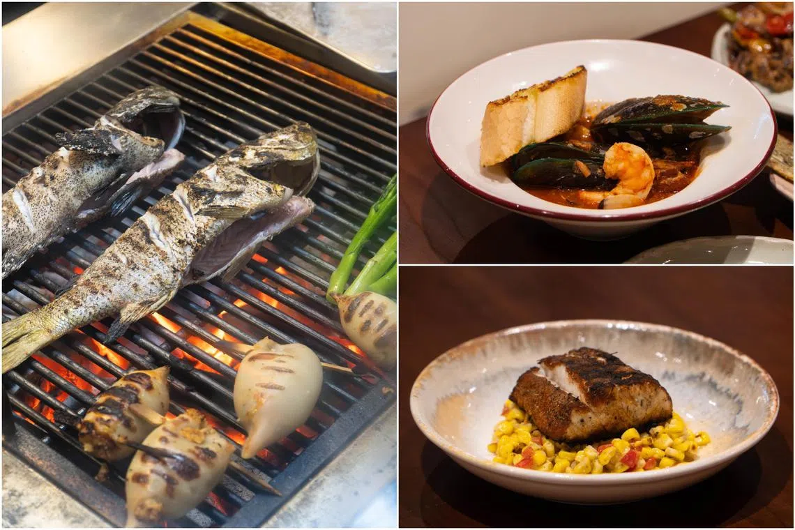 (Clockwise from left) Whole grilled fish – seabass, snapper and pearl grouper, Portuguese Seafood Stew and Blackened Seabass.
