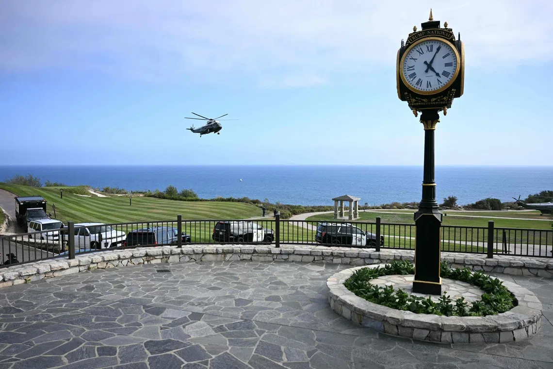 Marine One helicopters land at the Founders Park Landing Zone near Trump National Golf Club Los Angeles in Rancho Palos Verdes, California, on Aug 4.