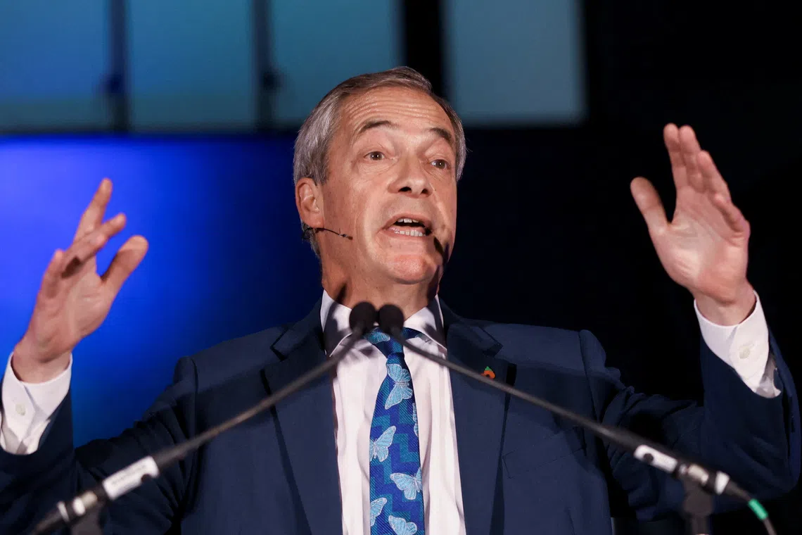 Leader of Reform UK party Nigel Farage delivers speech in London, Britain, November 3, 2025. REUTERS/Hiba Kola