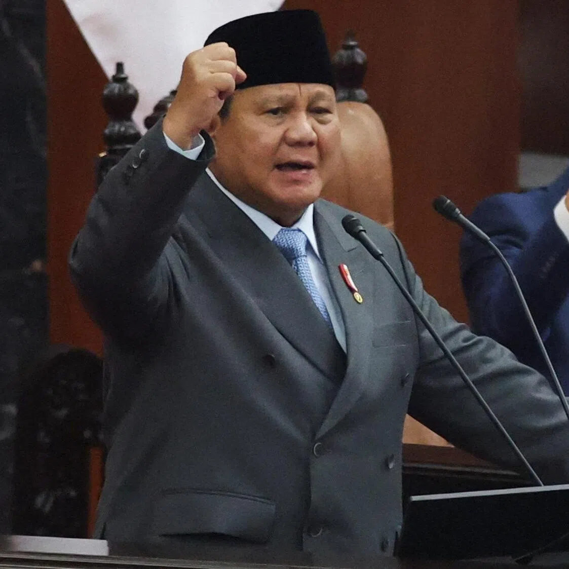 Indonesian President Prabowo Subianto (left), along with Vice-President Gibran Rakabuming Raka, at his annual state of the nation address on Aug 14.