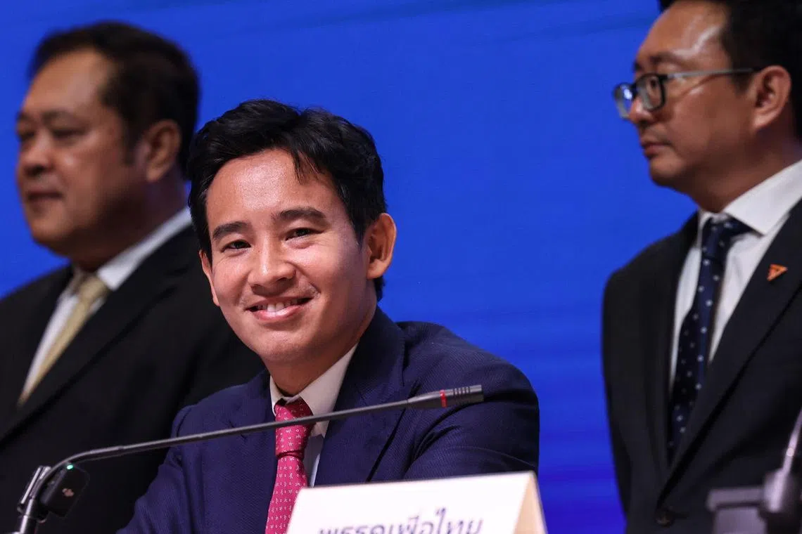 Pita Limjaroenrat, leader of the Move Forward Party, during a meeting of coalition parties in Bangkok, Thailand, on Monday, May 22, 2023. Thailand's pro-democracy parties signed a pact to form the countrys next government after a historic win in the May 14 election, a step seen crucial to gather support for Move Forwards Pita Limjaroenrat to become prime minister. Photographer: Valeria Mongelli/Bloomberg