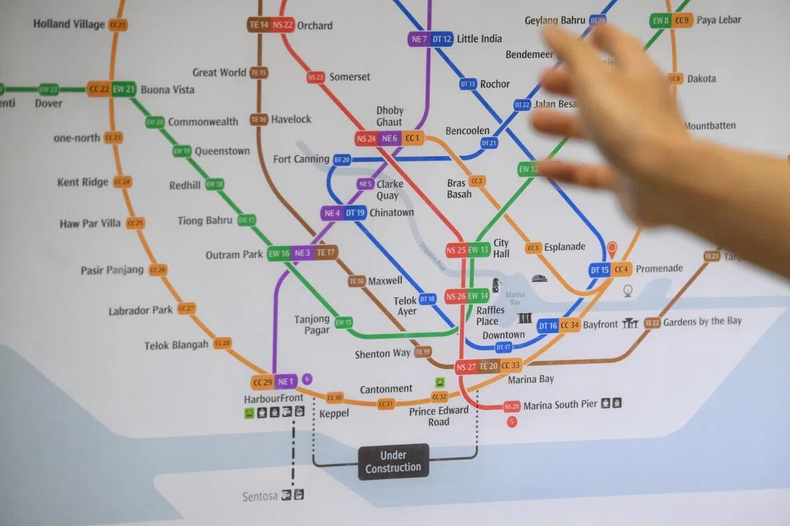 The full Circle Line (CCL) loop on display featuring updated station codes for Marina Bay and Bayfront as seen at Promenade MRT Station on May 29, 2026.