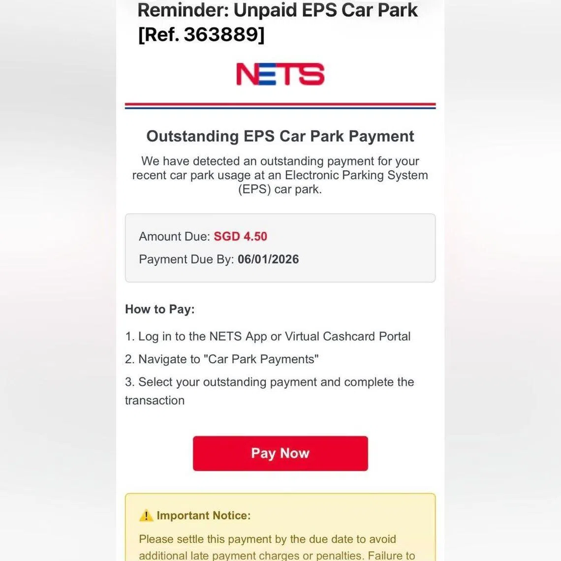 NETS advised those who receive e-mails requesting payment for outstanding parking charges to ignore and delete them.