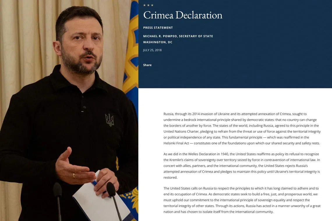 Ukrainian President Voldymyr Zelensky posted to his X account a copy of the 2018 declaration by President Donald Trump’s first administration rejecting Russia’s annexation of Ukraine's Crimea peninsula.