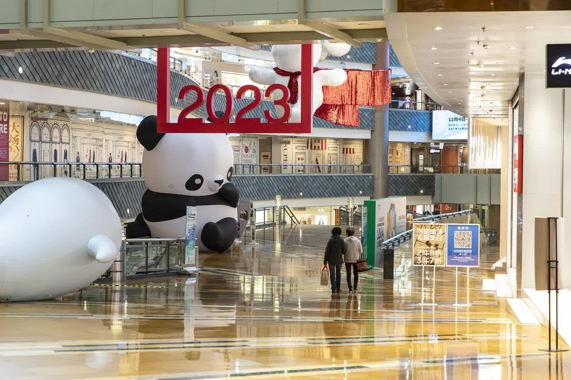 A nearly deserted shopping mall in Shanghai, Dec 8, 2022. Spending might not bounce back swiftly, economists warn.