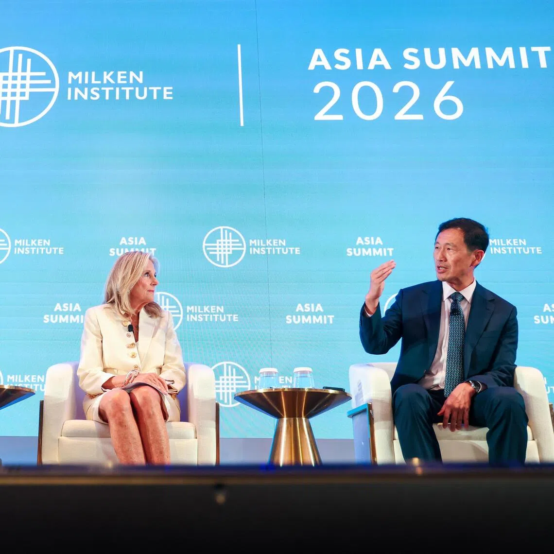 (From left) Moderator Esther Krofah Executive Vice President of Health from Milken Institute; Jill Biden, Chair of Milken Institute Women’s Health Network; and Ong Ye Kung, Minister of Health Singapore in a panel discussion at the Milken Asia Summit on Oct 8.
