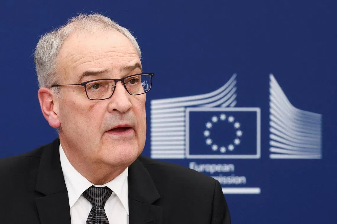 FILE PHOTO: President of the Swiss Federation, Guy Parmelin, speaks next to European Commission President Ursula von der Leyen (not pictured), ahead of the signing of a broad package of EU-Switzerland agreements, in Brussels, Belgium, March 2, 2026. REUTERS/Yves Herman/File Photo