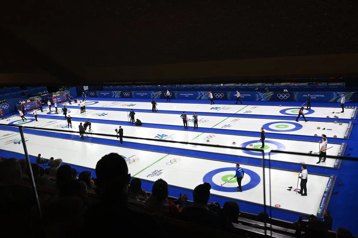 Milano Cortina 2026 Olympics - Curling - Men's Round Robin Session 8 - Cortina Curling Olympic Stadium, Cortina d'Ampezzo, Italy - February 16, 2026. A general view of Czechia vs Canada, Britain vs Norway, Italy vs China and Sweden vs Germany matches REUTERS/Jennifer Lorenzini