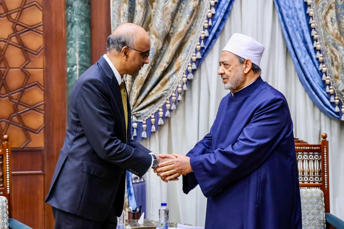 President Tharman Shanmugaratnam (left) meeting Sheikh Ahmed Al-Tayeb, the grand imam of Al-Azhar mosque that is affiliated with the university.
