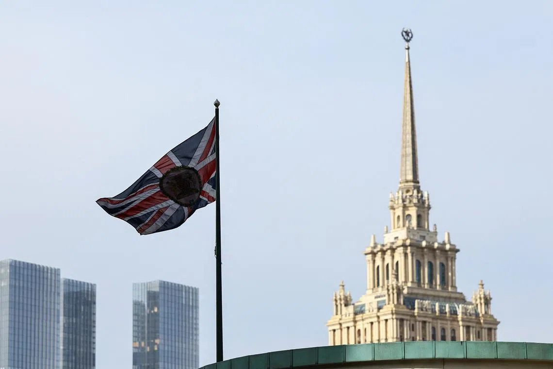 FILE PHOTO: A flag flies above the British embassy in Moscow, Russia September 13, 2024. REUTERS/Evgenia Novozhenina/File Photo