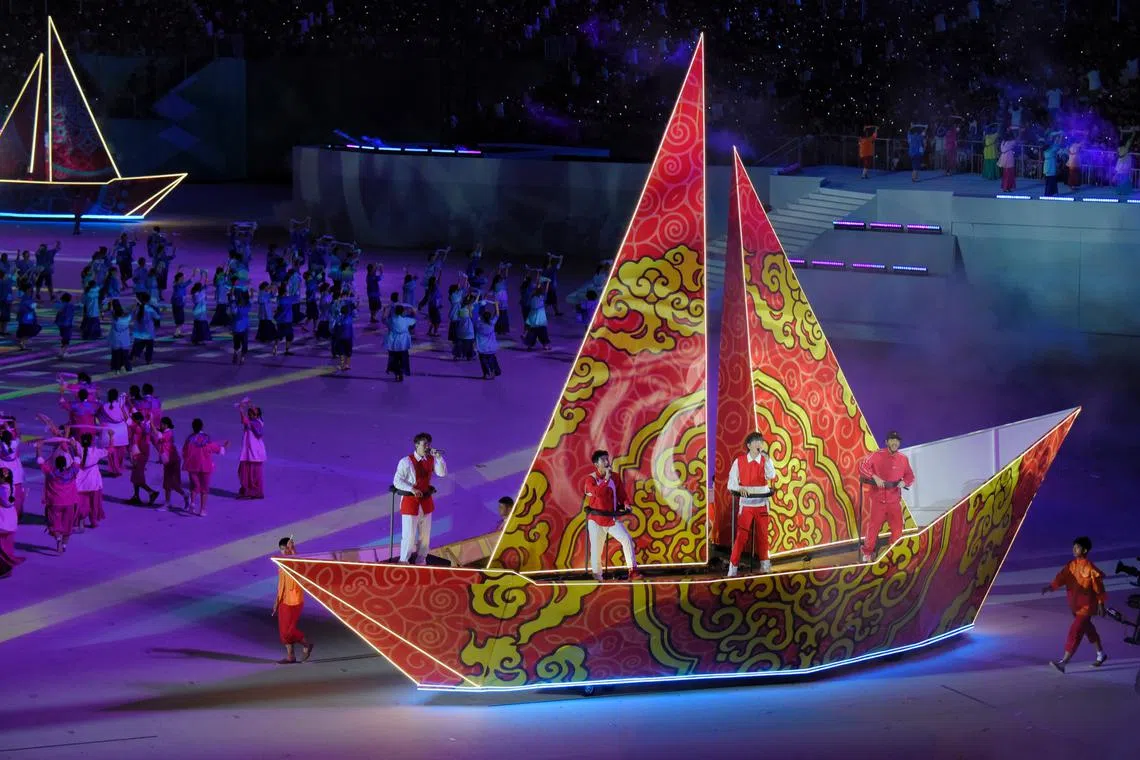 A float shaped like boat is seen during the National Day Parade at the Padang on Aug 9, 2023. ST PHOTO: MARK CHEONG