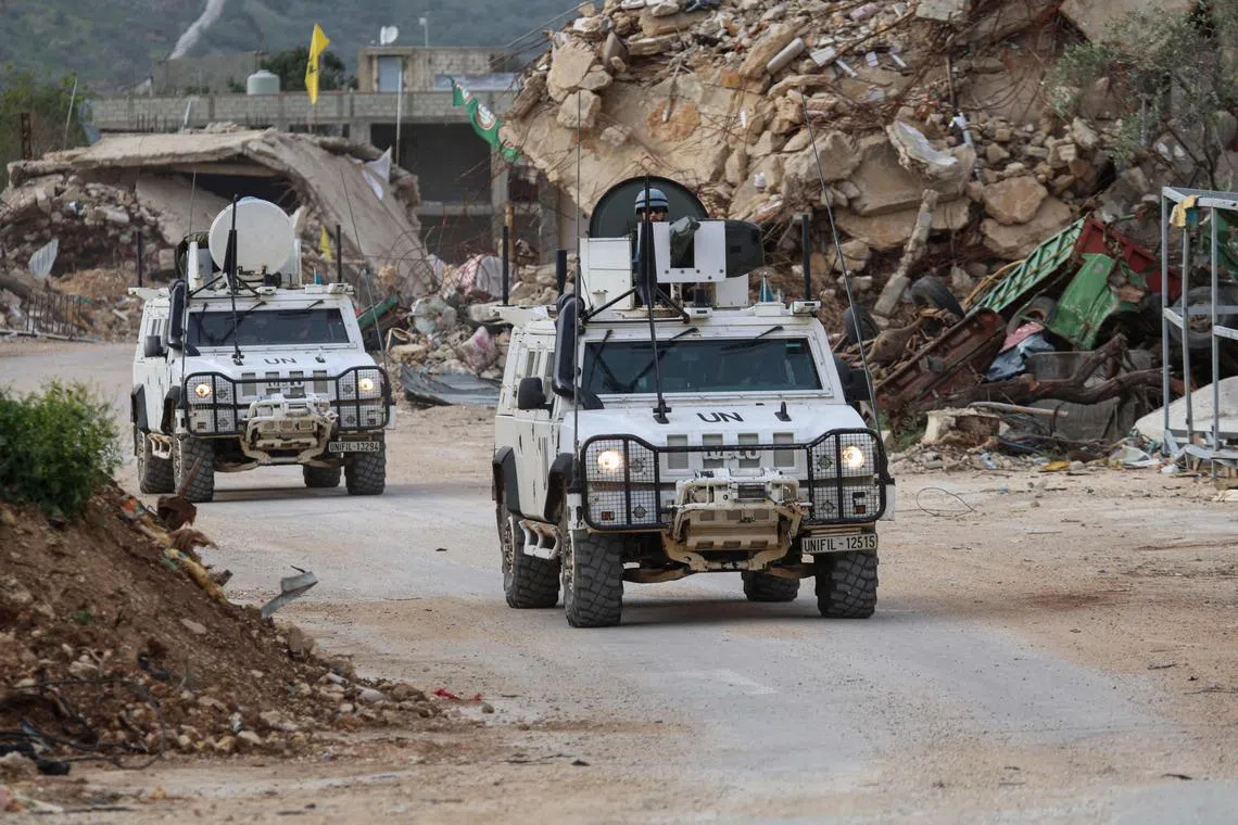 United Nations peacekeepers patroling in Lebanon's southern village of Kfar Kila close to the border with Israel on April 6. 