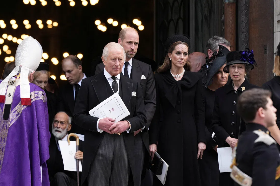 King Charles III with the Prince and Princess of Wales leave after the Requiem Mass service for the Duchess of Kent, at Westminster Cathedral, central London, September 16, 2025. This is the first Catholic funeral service held for a member of the royal family in modern British history. Katharine, the wife of the late Queen's cousin the Duke of Kent, converted to Catholicism in 1994.    Jordan Pettitt/Pool via REUTERS