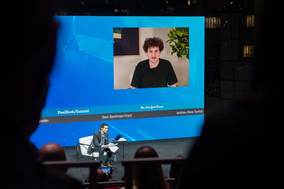 Sam Bankman-Fried speaks to Andrew Ross Sorkin virtually at The New York Times’ DealBook Summit 2022 in Manhattan, on Nov 30, 2022. 