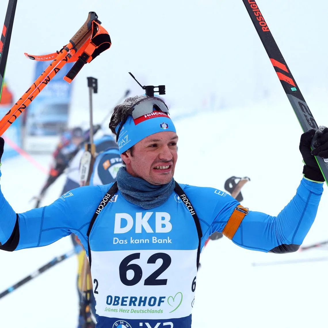FILE PHOTO: Biathlon - Biathlon World Cup - Oberhof, Germany - January 8, 2026 Italy's Tommaso Giacomel celebrates after winning the men's 10km sprint. REUTERS/Matthew Childs/File Photo