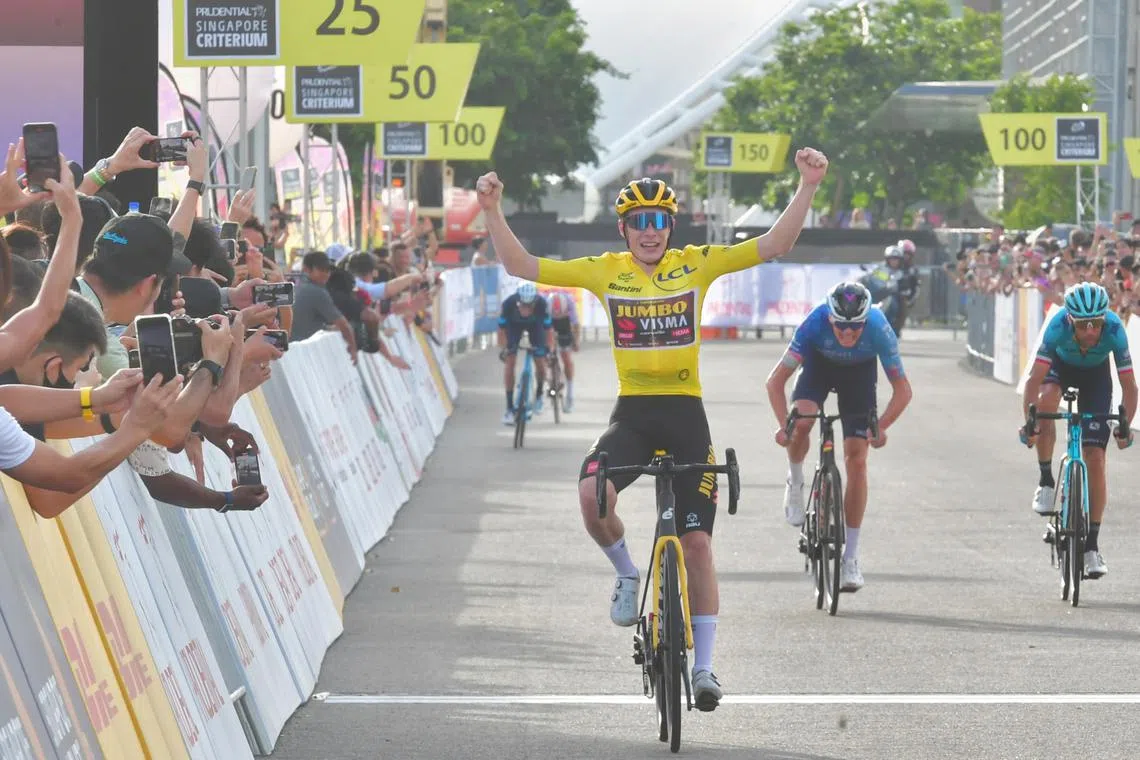 Denmark's Jonas Vingegaard celebrating his victory at the inaugural Tour de France Prudential Singapore Criterium, 30 October 2022.