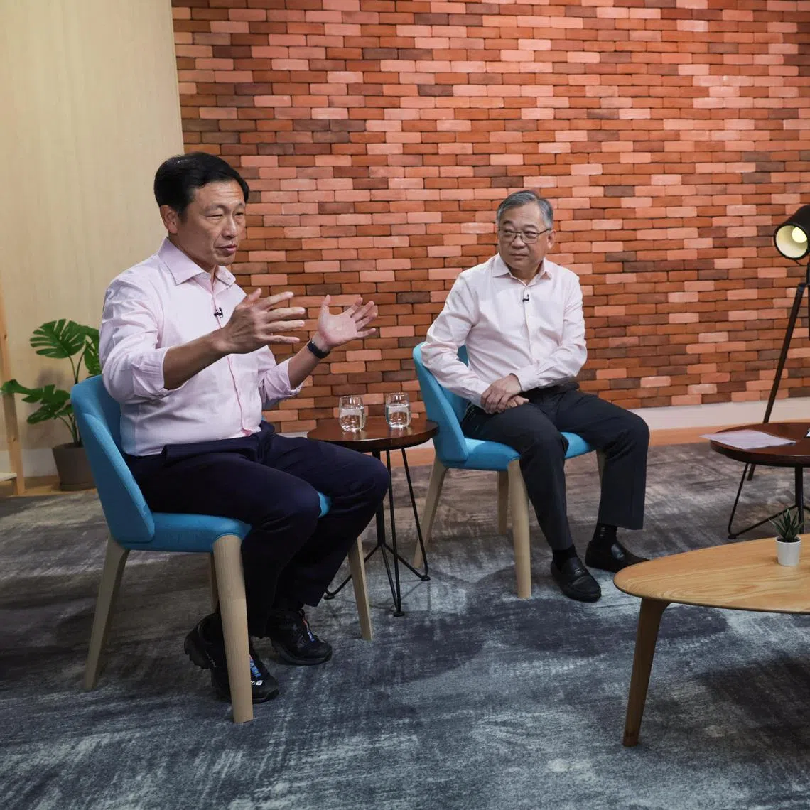 ST20241227_202464800572: Gin Tay/ skfinance / Salma Khalik/
The Straits Times Senior Health Correspondent, Salma Khalik (right) in a discussion with (from left): Health Minister Ong Ye Kung and DPM Gan Kim Yong about the Healthcare finance package at News Centre, Studio 65 on Dec 27, 2024.