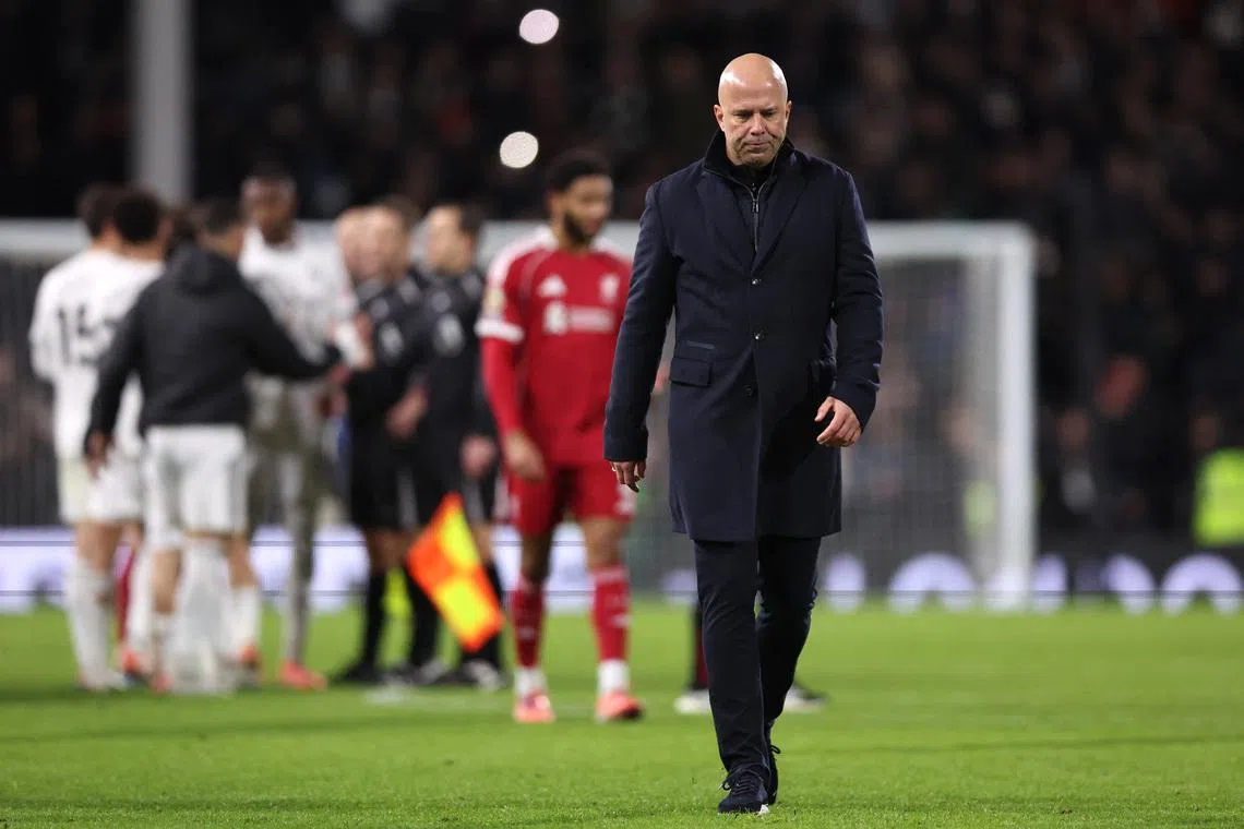 Soccer Football - Premier League - Fulham v Liverpool - Craven Cottage, London, Britain - January 4, 2026  Liverpool manager Arne Slot reacts after the match. REUTERS/David Klein