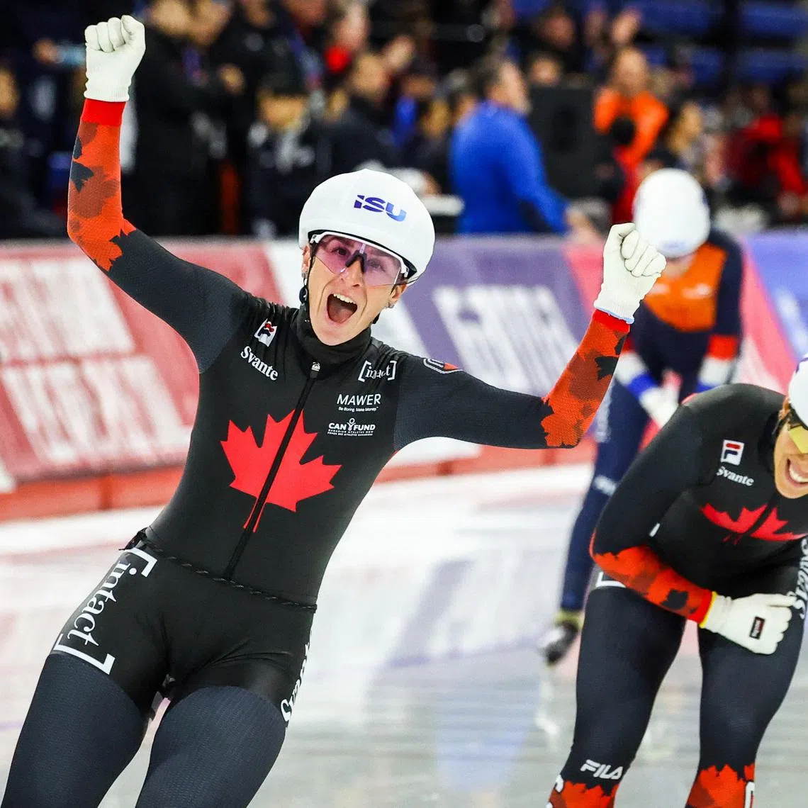 Nov 23, 2025; Calgary, Alberta, CANADA; Ivanie Blondin of Canada reacts as she wins in the women's mass start during the ISU Speedskating World Cup at Calgary Olympic Oval. Mandatory Credit: Sergei Belski-Imagn Images