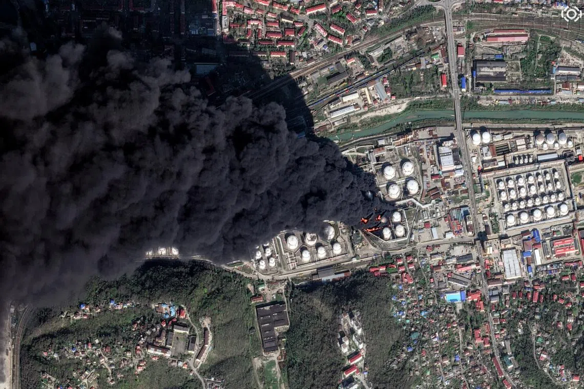 A satellite image shows smoke billowing from fire, following drone attacks on a Russian oil facility in the Black Sea port of Tuapse, Krasnodar Krai, Russia, April 16, 2026. Vantor/Handout via REUTERS